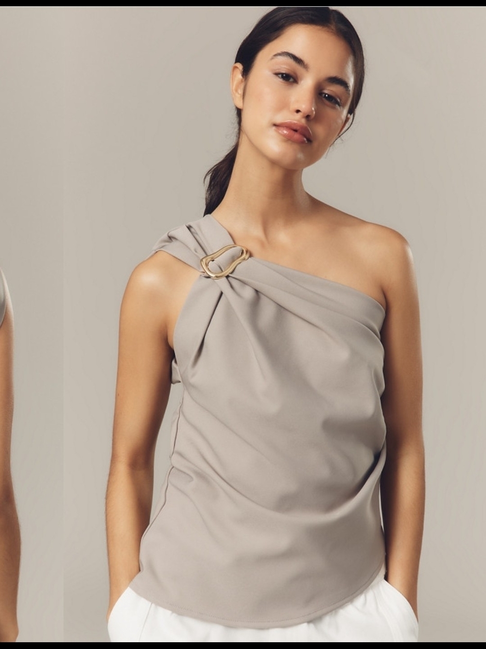 Anthropologie Taupe One-Shoulder Ring-Accent Top